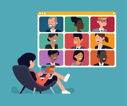Cool vector flat illustration on reclined woman in a lounge chair having a video conference with coworkers and partners