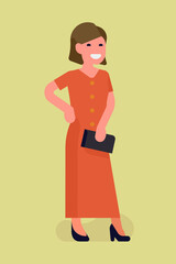 Cool vector illustration on fashionable woman character wearing red long dress and a black purse, isolated