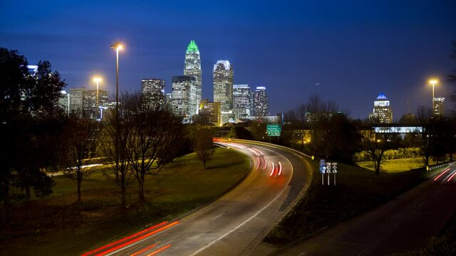 Night skyline time lapse of Charlotte North Carolina.