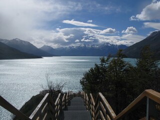 Stairs leading to the Argentino Lake, Los Glaciares National Park, Patagonia, Argentina