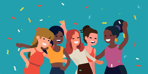 Best friends celebrating and having a party concept vector illustration. Cheerful ladies having fun. Diverse group of young women smiling, laughing and cheering