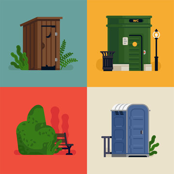Set of flat vector illustration on toilets including wood outhouse, plastic portable toilet and a city public toilet
