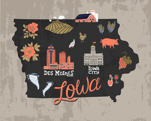 Illustrated map of  Iowa state, USA. Travel and attractions. Souvenir print