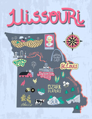 Illustrated map of  Missouri, USA. Travel and attractions. Souvenir print