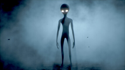 Scary gray alien walks and looks blinking on a dark smoky background. UFO futuristic concept. 3D rendering. - obrazy, fototapety, plakaty