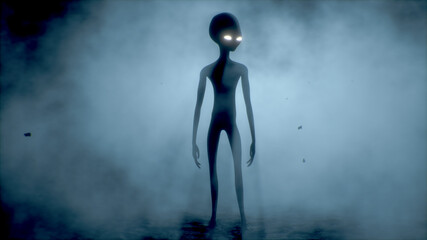 Scary gray alien walks and looks blinking on a dark smoky background. UFO futuristic concept. 3D rendering. © merlin74