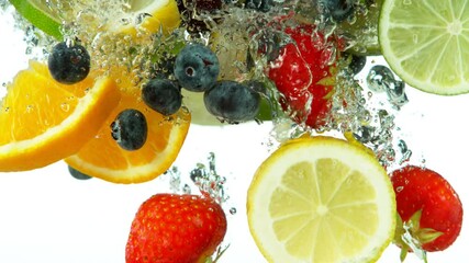 Super slow motion of various fruit splashing into water, white background. Filmed on high speed cinema camera, 1000 fps. - Powered by Adobe