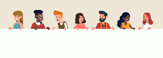 Flat style vector concept on collective message  with cheerful diverse group of abstract people line up holding empty white horizontal banner
