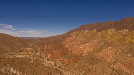 Aerial view of drones from Northern Argentina, mountains, valleys, routes and peaks.