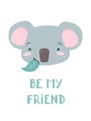 Vector illustration of cute cartoon baby koala chews a green leaf. .Valentine's Day Greeting Card. Lettering love you and pink hearts over a bear. Drawing for t-shirts. Poster for children and baby