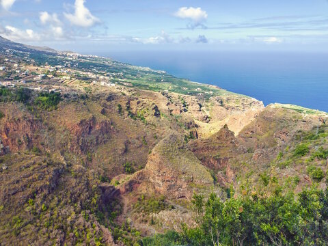 wild and bizarre landscape in the northeast of La Palma with deep barrancos and wild ravines near San Andrés y Sauces, romantic, rugged, wild and yet green landscape overlooking the Atlantic Ocean.