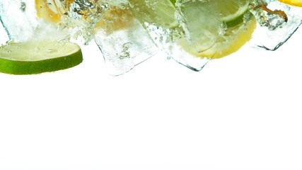 Super slow motion of limes, oranges and lemons with water splash on white. Filmed on high speed cinema camera, 1000 fps. - Powered by Adobe