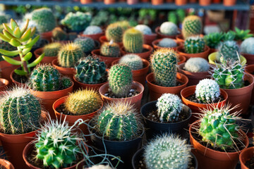 Small decorative pots with flowers cacti. View from above. Decor with fresh flowers. Home Flowers