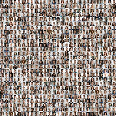 Lot of different multiracial people headshots portraits in square collage mosaic image. Many...