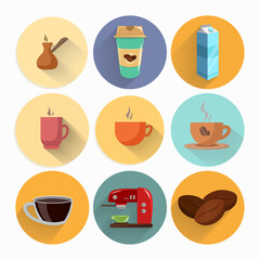 coffee flat icon set with long shadow, cup, beans. Coffee to go, coffee maker, turka. milk box