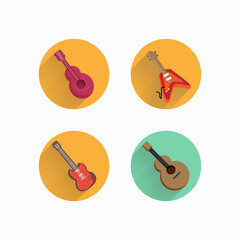 guitar flat icon set with long shadow, electric guitar, classical spanish guitar, acoustic wooden guitar