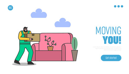 Home moving service company landing page template. House relocation and stuff transportation