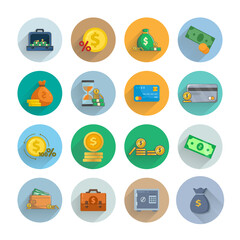money flat icon set with long shadow, money pouch, coins, dollar bills, credit card, suitcase full of money