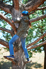 Girl playing outdoor, climbing a tree, bright sunlight, beautiful day