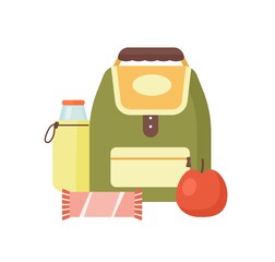 Colorful meal for kids vector flat illustration. Cartoon school backpack, bottle with beverage, sweet and apple isolated on white background. Childish breakfast meal composition