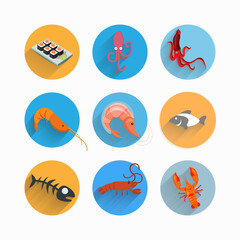 sushi, calmar, shrimp, lagostas, sea food flat icon set with long shadow