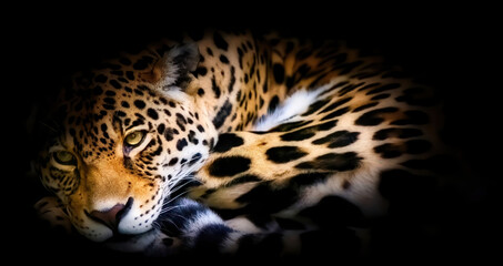 Fototapeta na wymiar Beautiful cute jaguar lies and rests