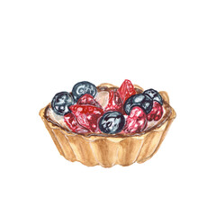 Watercolor illustration of a sand basket with berries on a white background