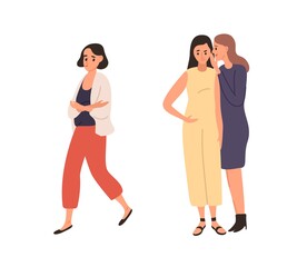 Obraz premium Women laughing and gossiping about female vector flat illustration. Smiling girl talking and whispering behind lonely friend isolated on white. Depressed person feeling bullying from two woman