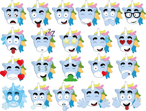 Vector illustration of the face of a cartoon unicorn with various expressions