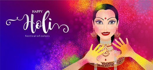 Colorful gulaal (powder color) indian festival for Happy Holi card with gold patterned and crystals on paper color Background.