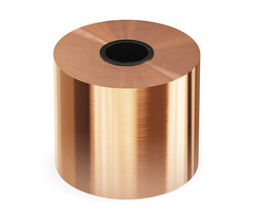 Copper foil in roll, rolled metal product. Isolated on a white background, clipping path included. 3d illustration