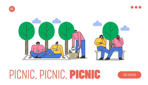 Landing page with people on picnic in park. Men and women communicating and relaxing outdoors together