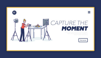 Landing page with professional photographer taking photo of food with camera and light in studio
