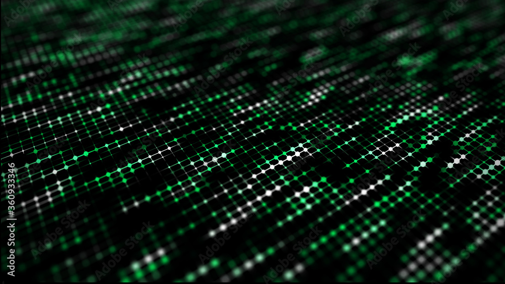 Leinwandbilder Abstract wireframe perspective grid, connection of blue dots and lines on dark background. 3d rendering.