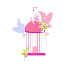 bird cage with birds and flowers template