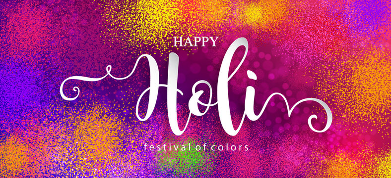 Colorful gulaal (powder color) indian festival for Happy Holi card with gold patterned and crystals on paper color Background.