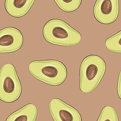 Avocado vector pattern. Fresh avocado pattern. Hand drawn illustration isolated on white background. For market, kitchen, textile, menu.