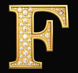 Golden letter "F" with diamonds on black background. Clipping path included.