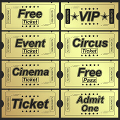Set of eleven golden vector tickets and coupons templates. Vector file is organized in layers to separate Graphic elements