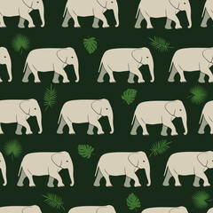 Seamless elephant pattern with tropical leaves on dark green background