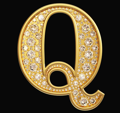 Golden letter "Q" with diamonds on black background. Clipping path included.