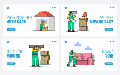 Fototapeta premium Home moving company landing page. Delivery service web banner with workers carry home stuff in boxes