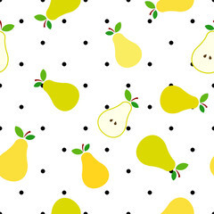 Pear flat design illustration seamless pattern with black polka dots background