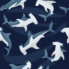 Seamless pattern of hammerhead shark underwater giant animal simple cartoon character design flat vector illustration on dark blue background