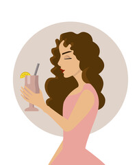 Beautiful girl with a glass on vacation. Summer poster. Vector illustration. Flat style.