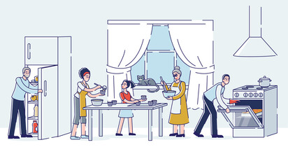 Big family cooking together at home kitchen. Three generation family preparing food