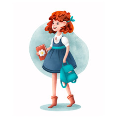 Cartoon school girl character, isolated creative illustration.