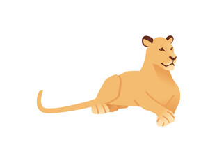 Adult lioness lying on the ground african wild predatory cat female lion cartoon cute animal design flat vector illustration isolated on white background