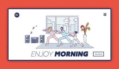 Obraz na płótnie Canvas Family morning routine - exercises together in living room. Template landing page design