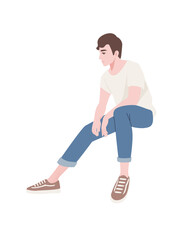 Cute young man in casual clothes in sitting pose fashion male model cartoon character design flat vector illustration isolated on white background